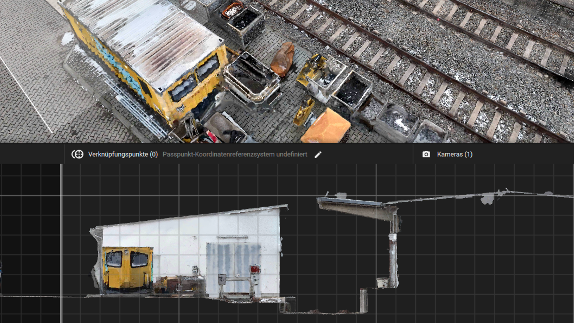 3D-Darstellung einer Fläche mit Gleis, Arbeitshalle und Container aus der Vogelperspektive und Frontalansicht