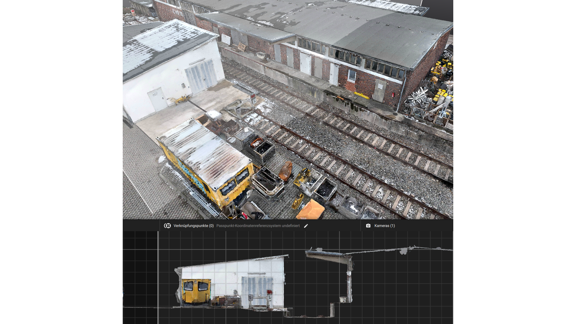 3D representation of an area with track, work hall and container from a bird's eye view and frontal view