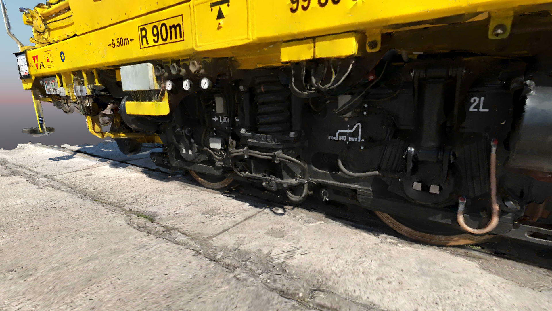 Close-up of a yellow work vehicle in 3D optics