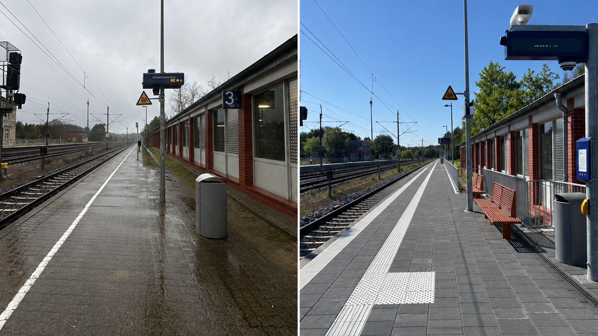 Vorher-Nachher-Ansicht: Sanierung Bahnsteig Glöwen