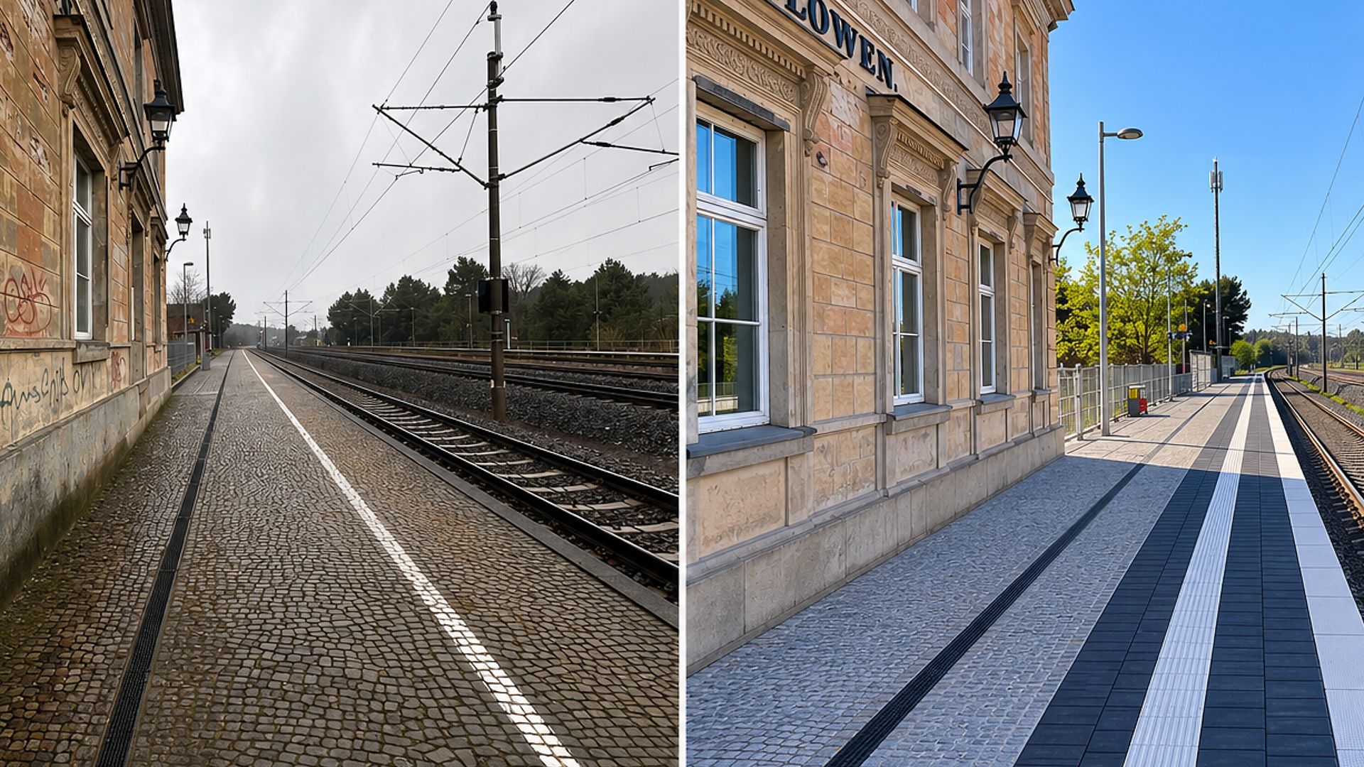 Vorher-Nachher-Ansicht: Sanierung Bahnsteig Glöwen