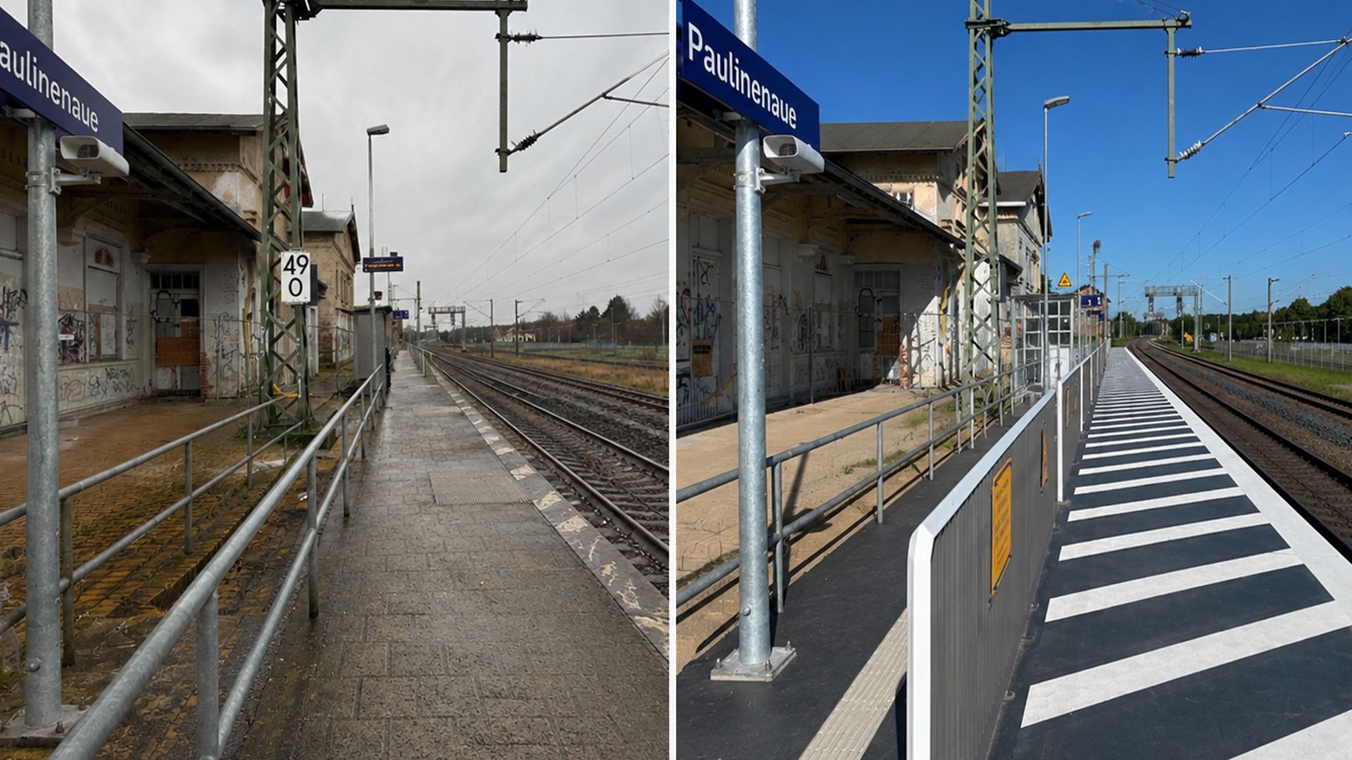 Vorher-Nachher-Ansicht: Sanierung Bahnsteig Paulinenaue