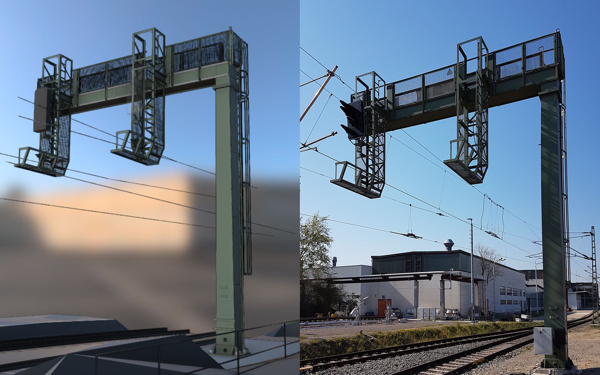 Vergleichsansicht eines Computergenerierten Modells und des umgesetzten Signalauslegers.
