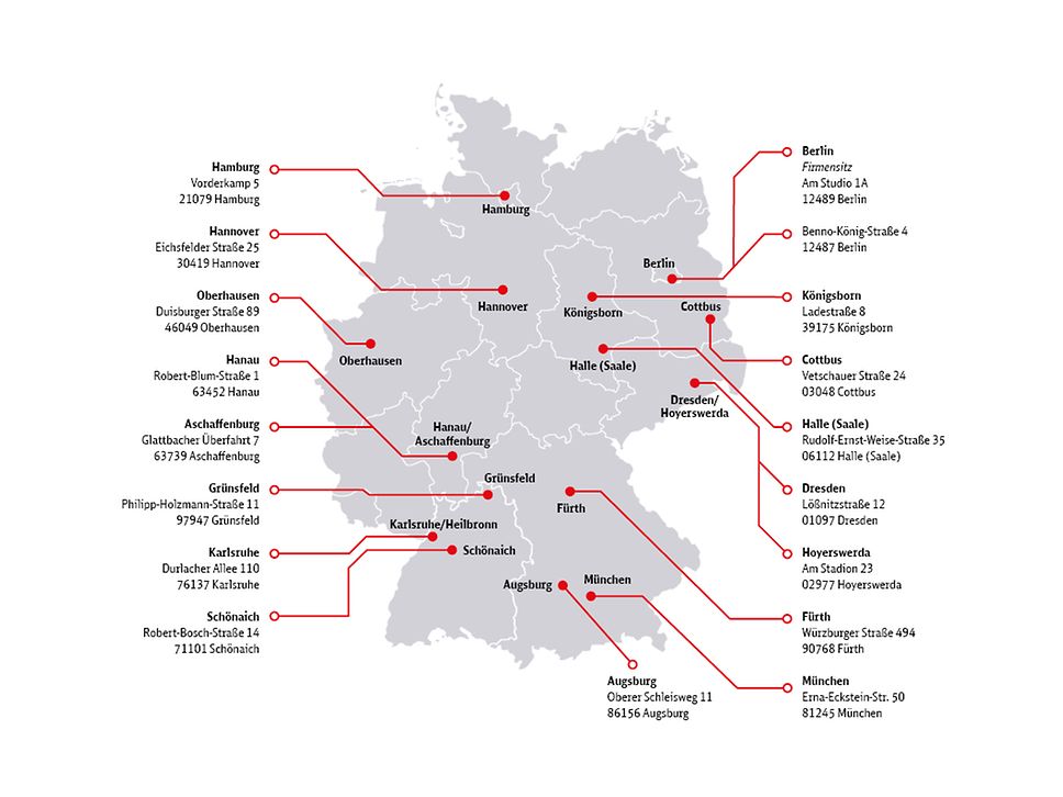 Deutschlandkarte mit Standorten der DB Bahnbau Gruppe